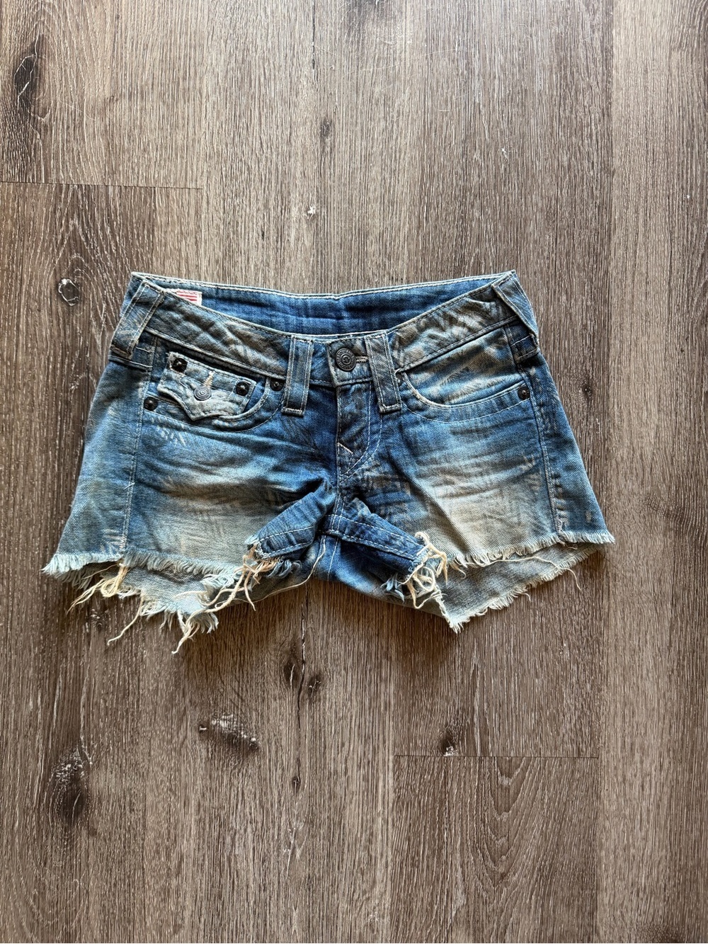 True Religion Distressed Blue Denim Cutoff Shorts